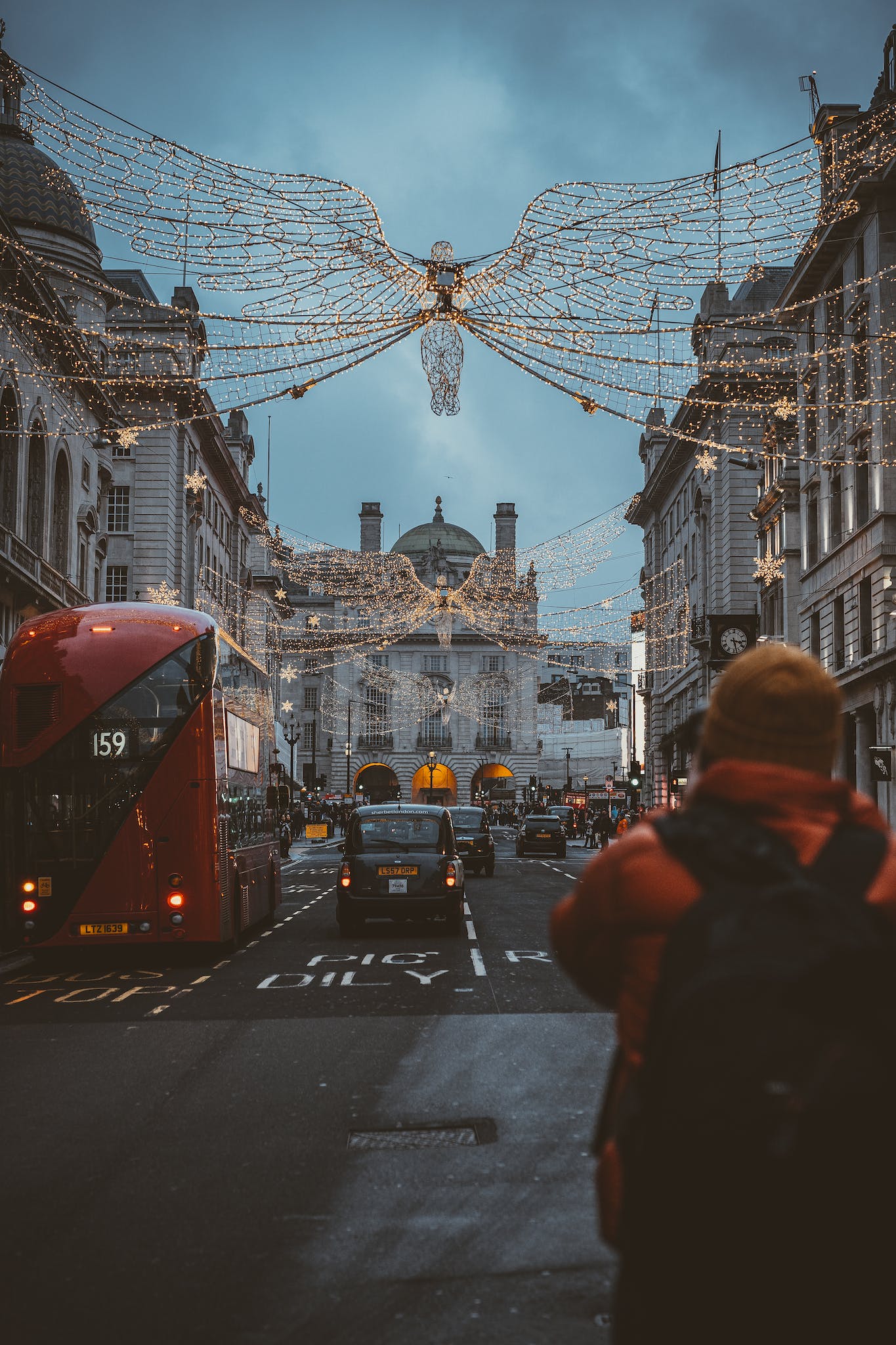 View of Regent Street in the City of Westminster in London decorated with Angel Lights for Christmas